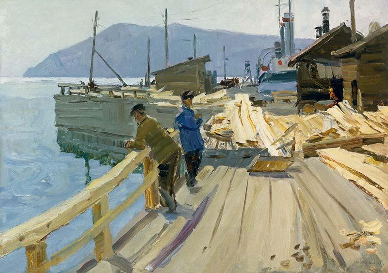 Anatoli Ilych Vasiliev Baikal Lake boat station. At the moorage oil painting picture